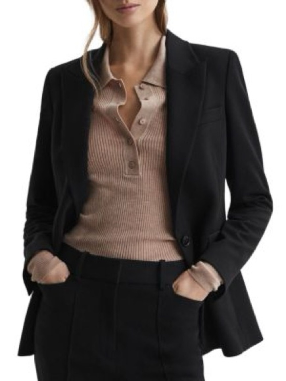 Reiss Ribbed Long-Sleeve Polo Top in Camel